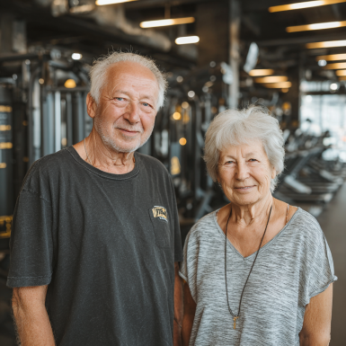 Группа пожилых людей на утренней тренировке